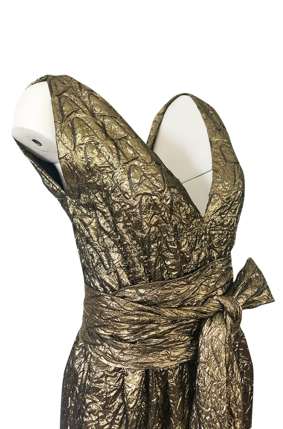 1960s Possible Christian Dior Gold Lame Back & Front Plunge Dress