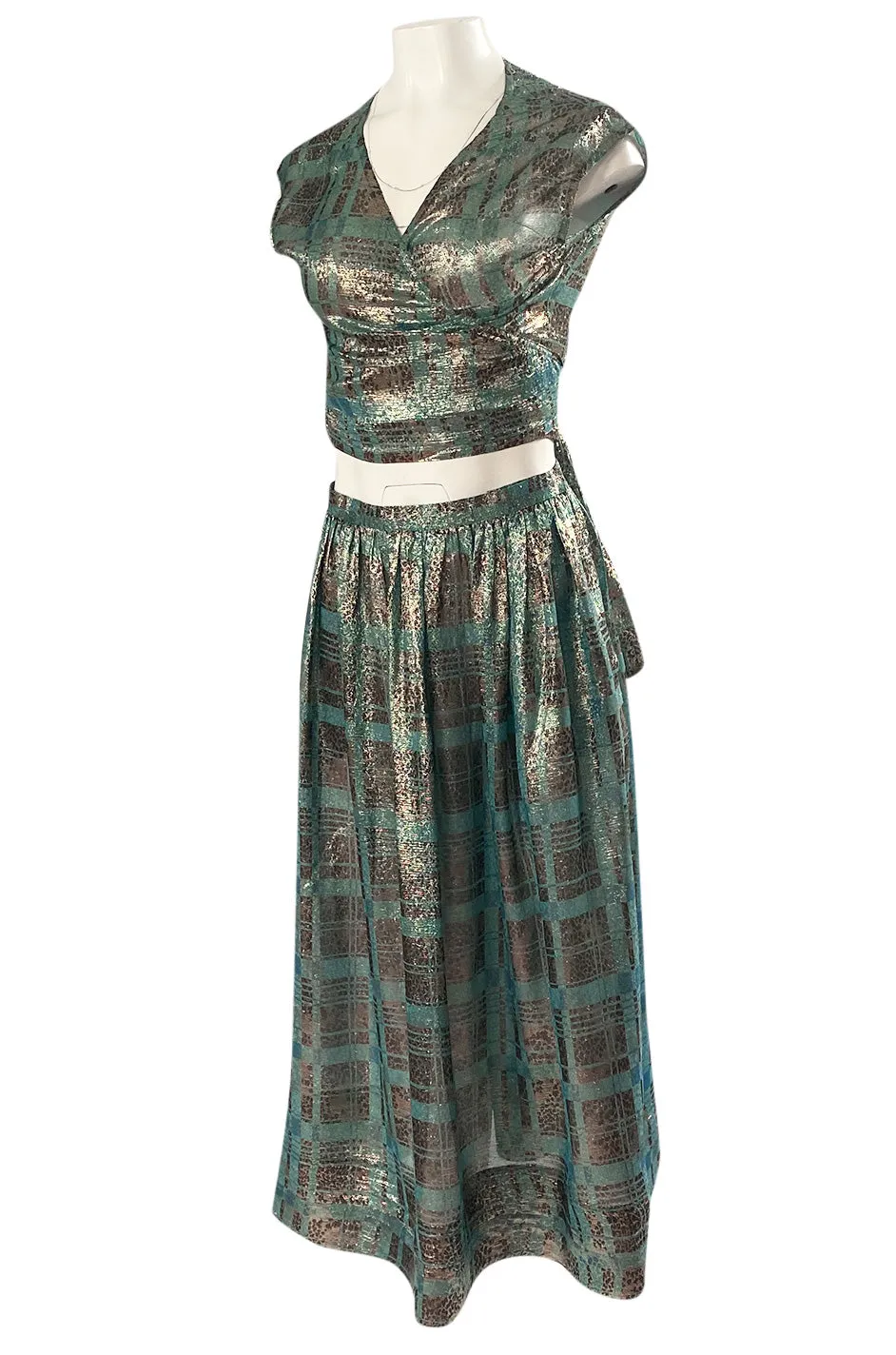 1980s Geoffrey Beene Gold & Turquoise Silk Lame Metallic Skirt & Top Set