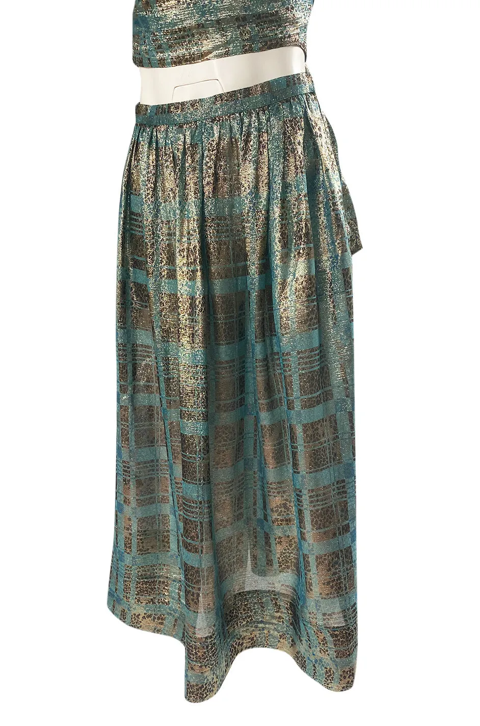 1980s Geoffrey Beene Gold & Turquoise Silk Lame Metallic Skirt & Top Set