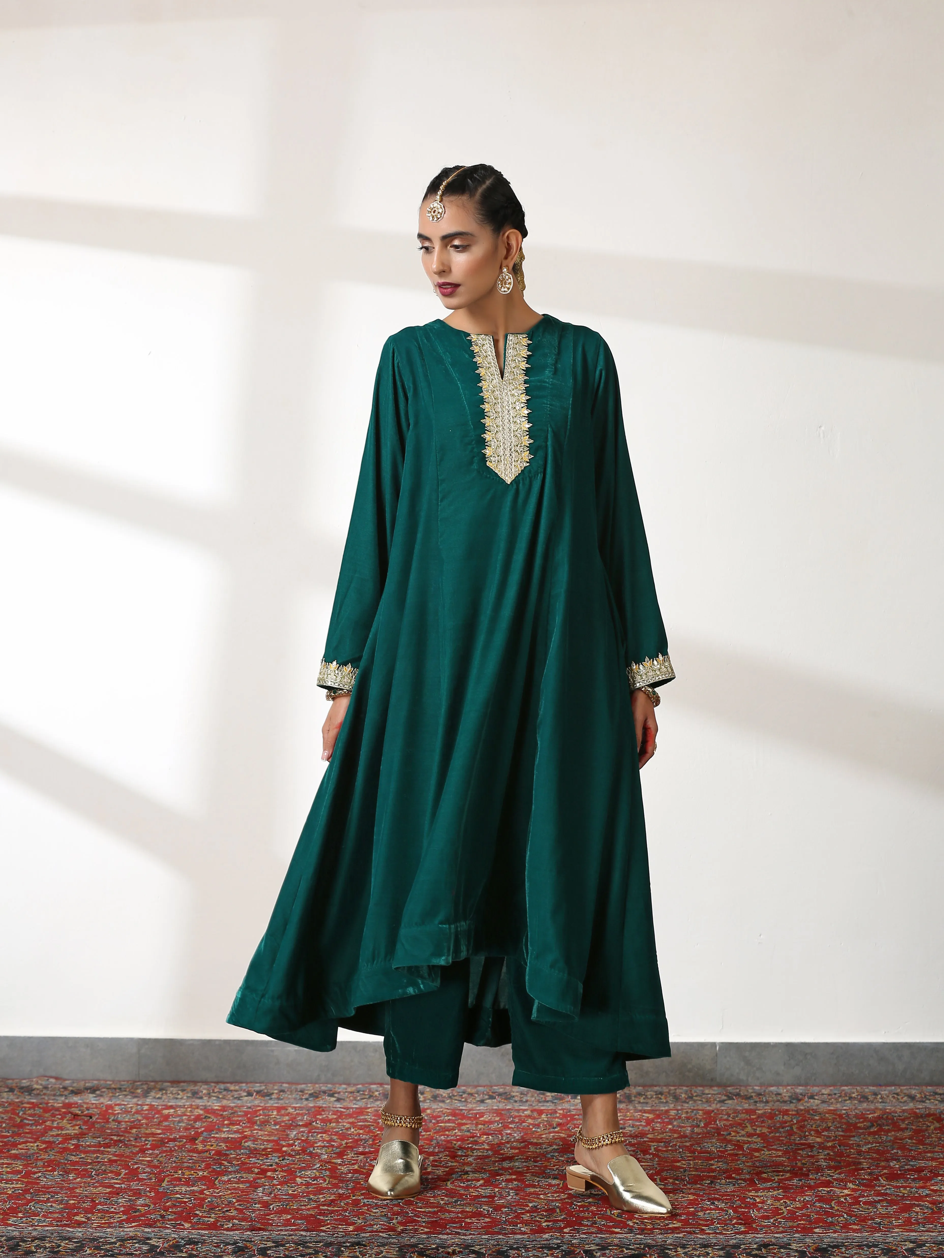 2 Piece Set - Emerald Velvet Co-ordinate Top and Bottom with Gota Lace