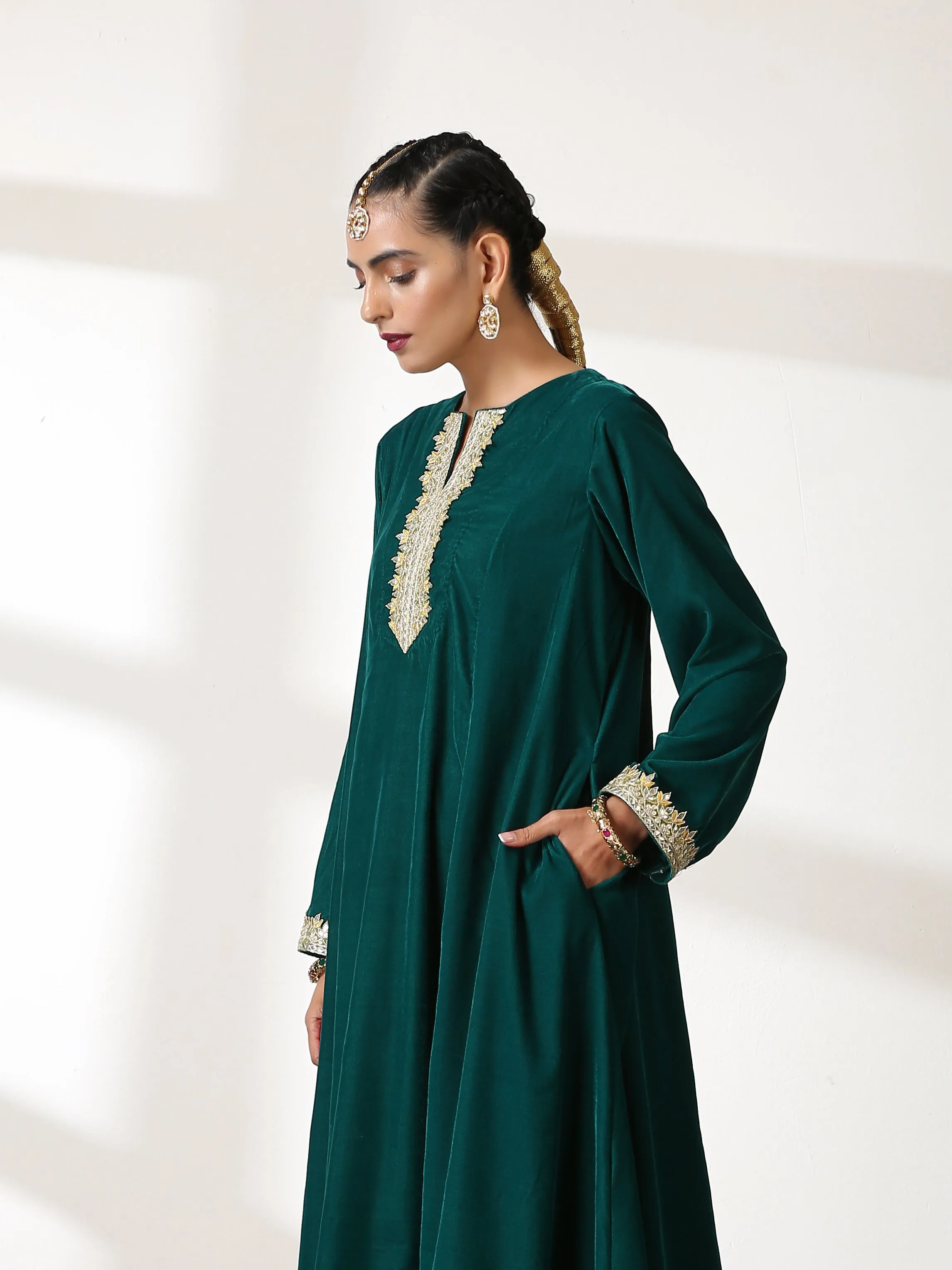 2 Piece Set - Emerald Velvet Co-ordinate Top and Bottom with Gota Lace