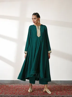 2 Piece Set - Emerald Velvet Co-ordinate Top and Bottom with Gota Lace