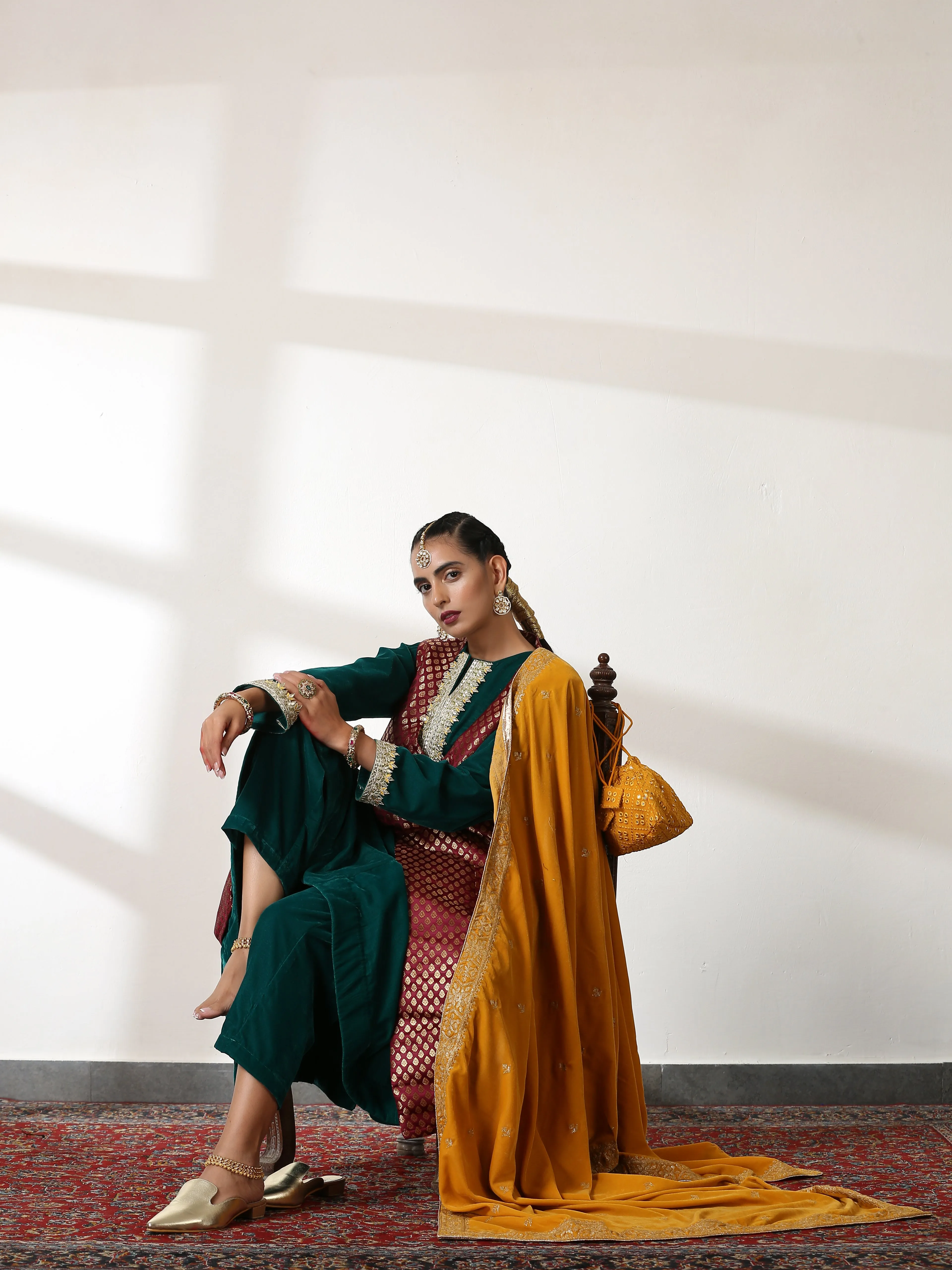 2 Piece Set - Emerald Velvet Co-ordinate Top and Bottom with Gota Lace