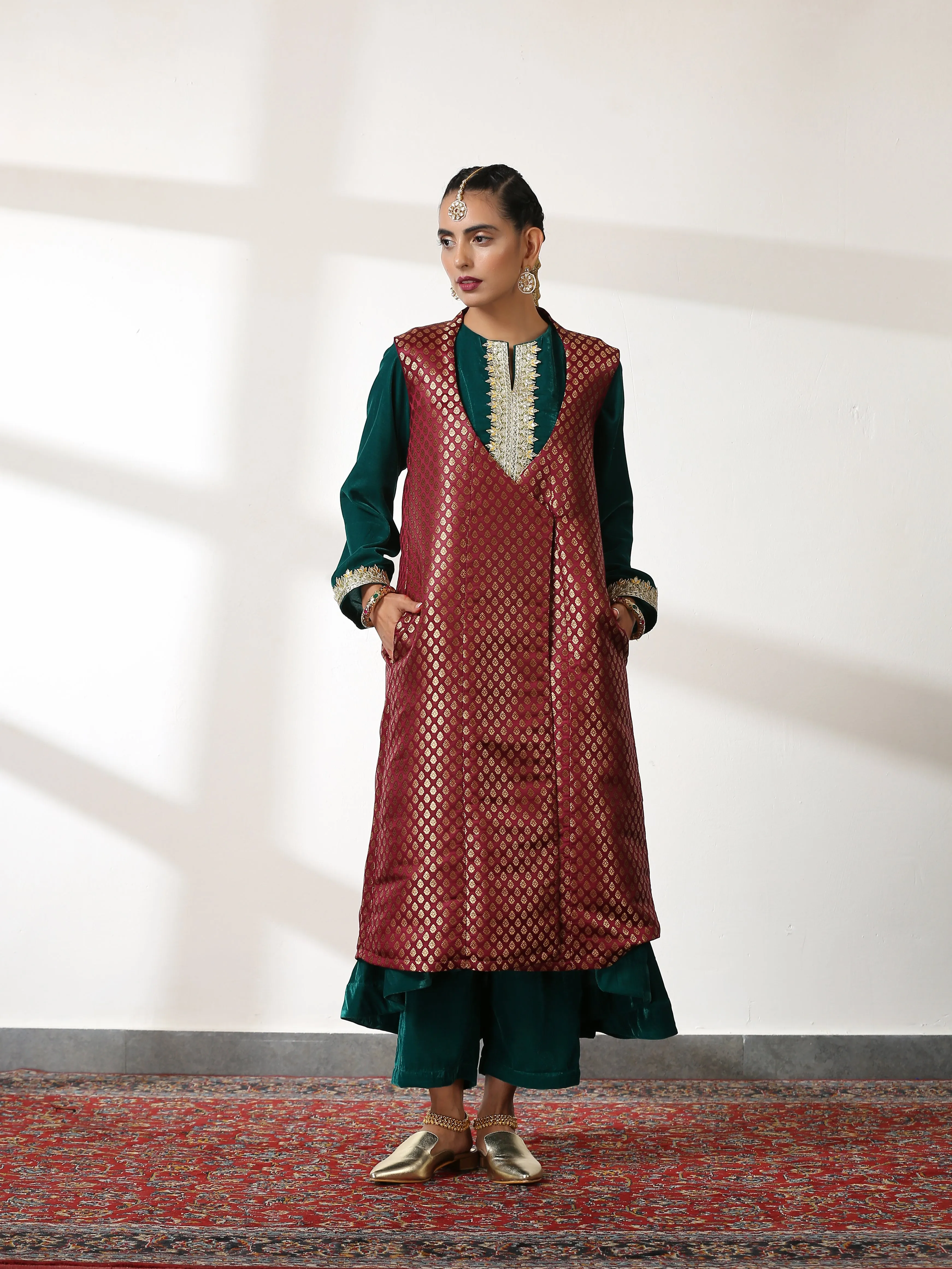 2 Piece Set - Emerald Velvet Co-ordinate Top and Bottom with Gota Lace