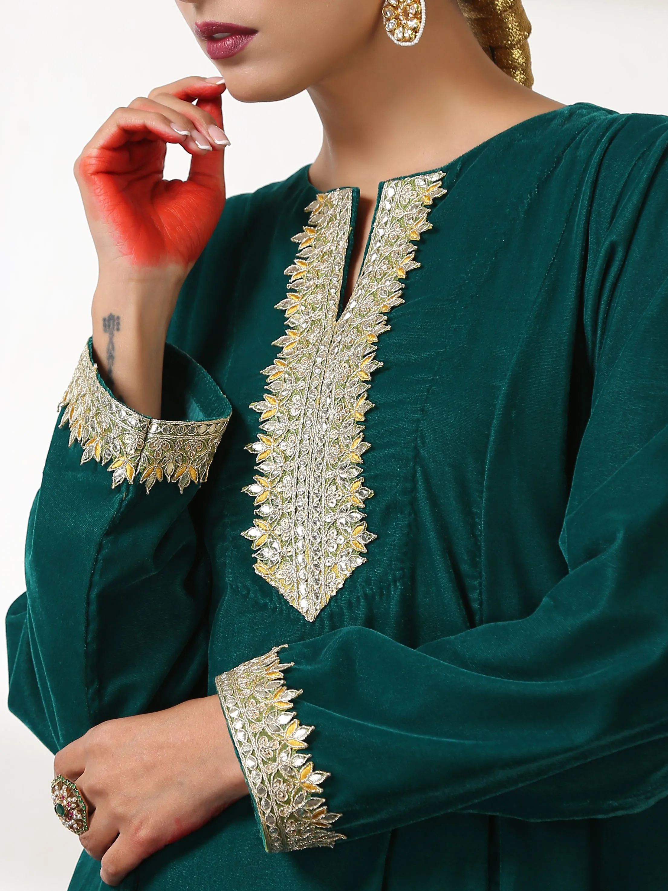 2 Piece Set - Emerald Velvet Co-ordinate Top and Bottom with Gota Lace