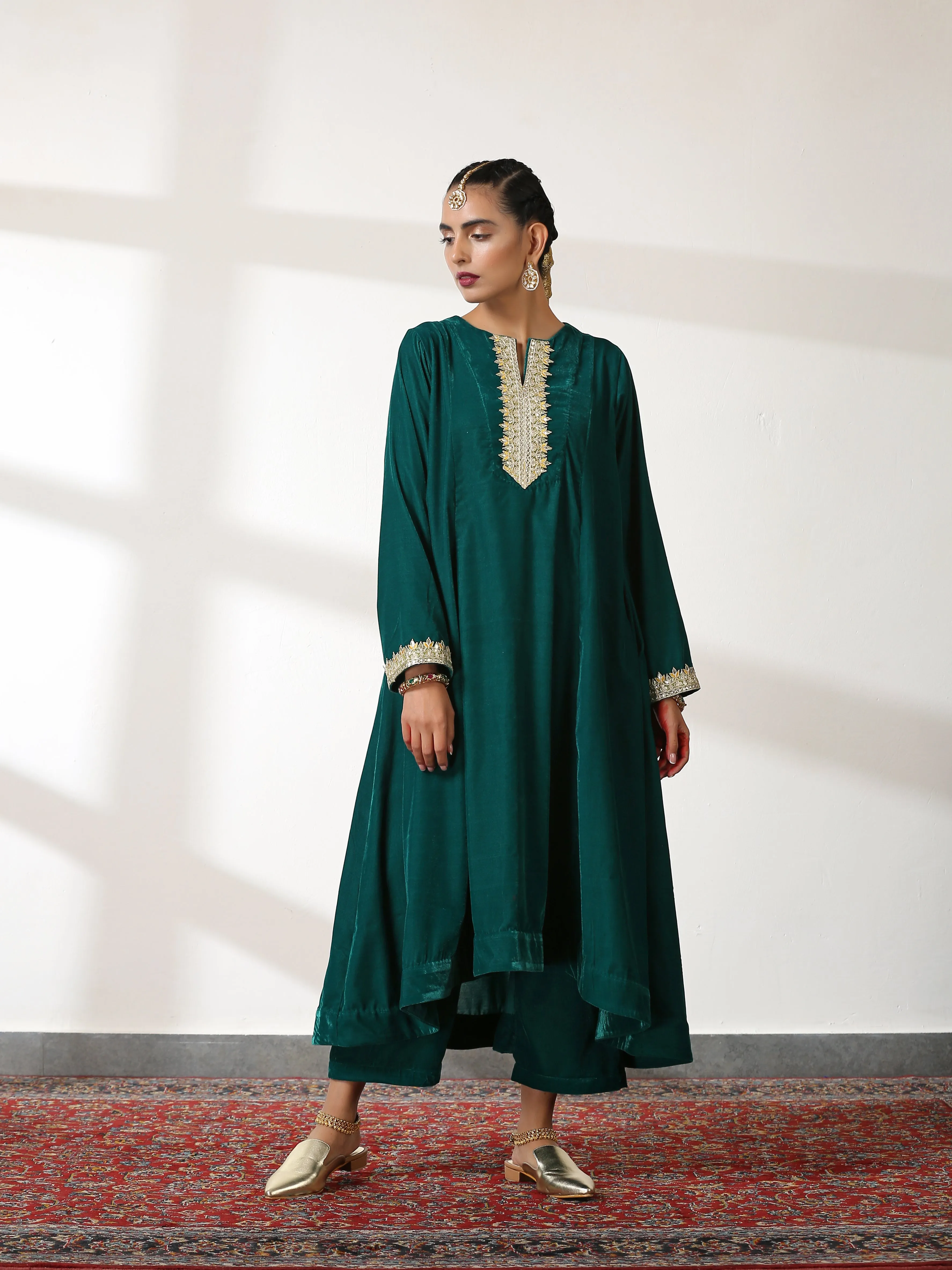 2 Piece Set - Emerald Velvet Co-ordinate Top and Bottom with Gota Lace