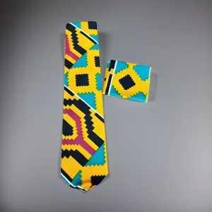 2pc African Kente Black/Gold Multi Print Necktie & Hanky Set