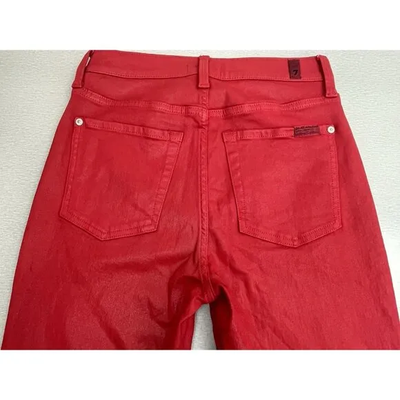 7 FOR ALL MANKIND HIGH WAIST ANKLE SKINNY IN COATED LAVA RED SIZE 27