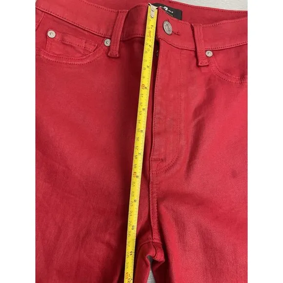 7 FOR ALL MANKIND HIGH WAIST ANKLE SKINNY IN COATED LAVA RED SIZE 27