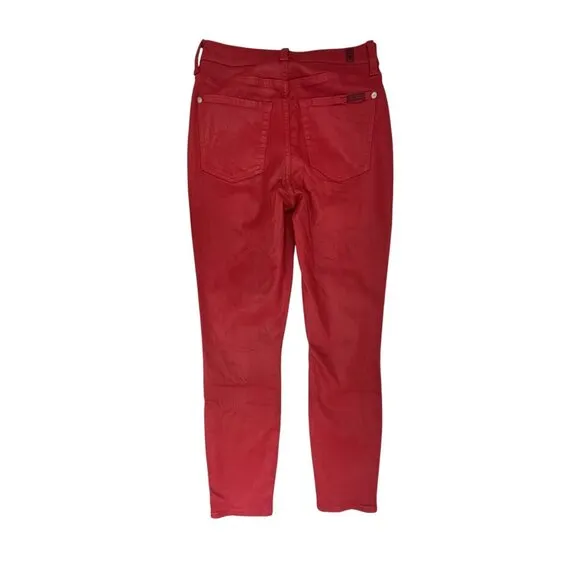 7 FOR ALL MANKIND HIGH WAIST ANKLE SKINNY IN COATED LAVA RED SIZE 27
