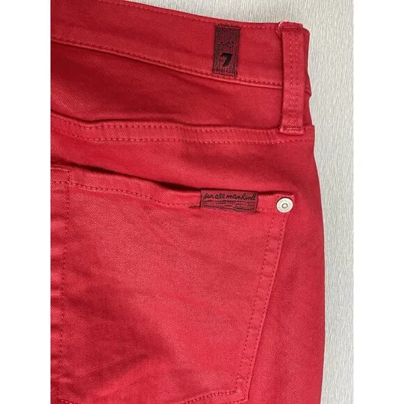 7 FOR ALL MANKIND HIGH WAIST ANKLE SKINNY IN COATED LAVA RED SIZE 27