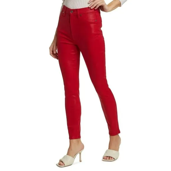 7 FOR ALL MANKIND HIGH WAIST ANKLE SKINNY IN COATED LAVA RED SIZE 27