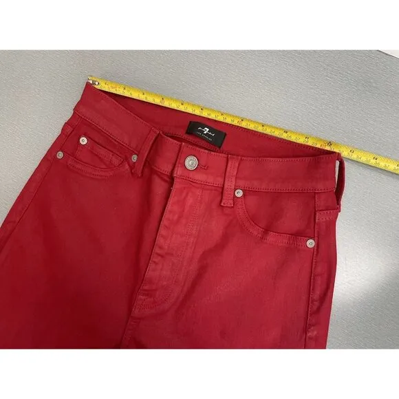 7 FOR ALL MANKIND HIGH WAIST ANKLE SKINNY IN COATED LAVA RED SIZE 27