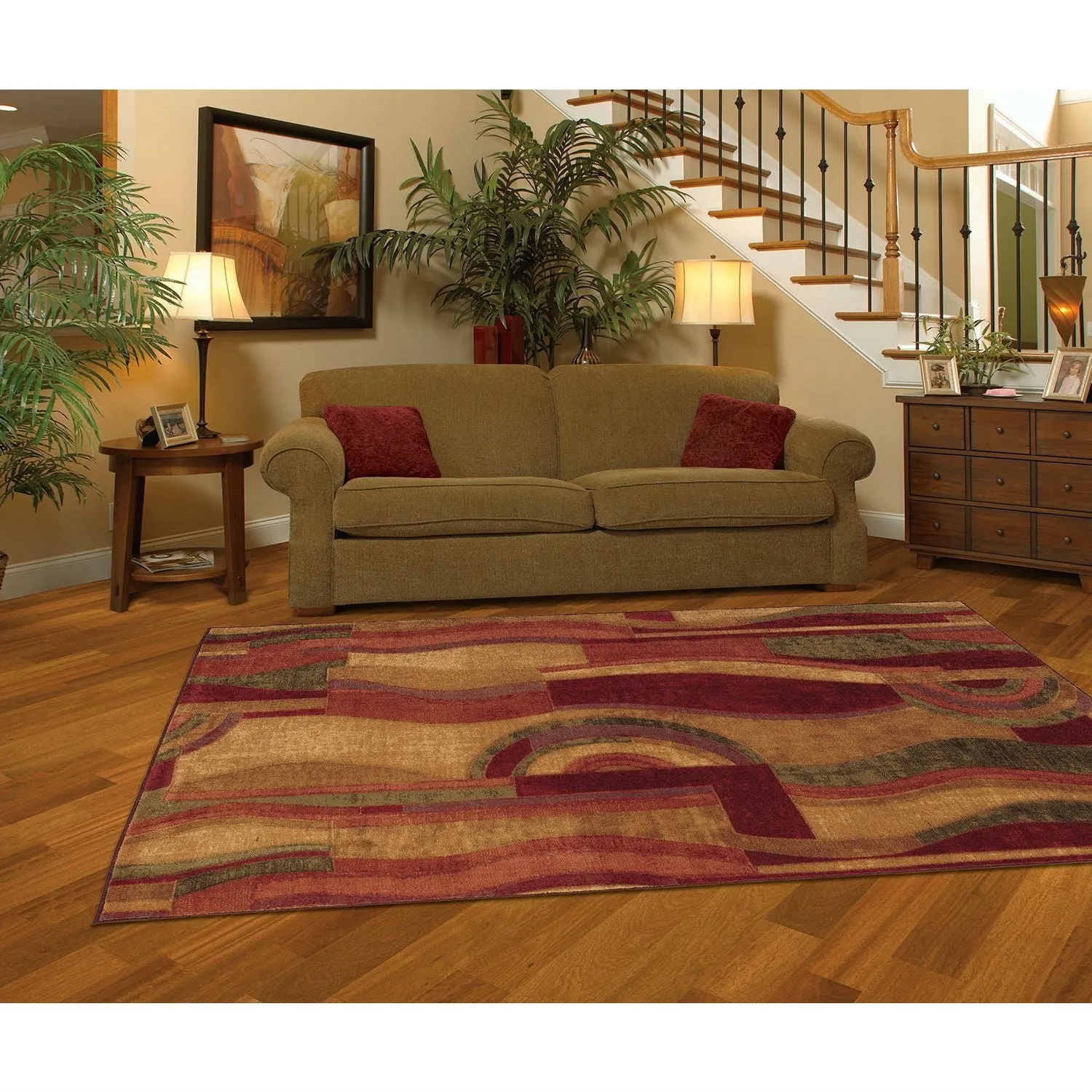 8' x 10' Abstract Area Rug with Red Wine Green and Yellow Colors