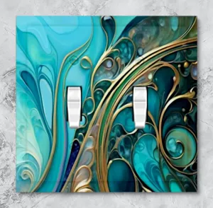 Abstract Art Decorative Light Switch Plate, Flowing Design in Teal and Gold, Printed Art Plate