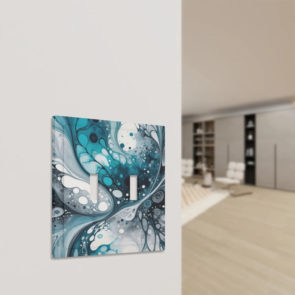 Abstract Art Decorative Switch Plate Cover with Beveled Edges- Teal, Navy, and Gray Acrylic Pour Artwork
