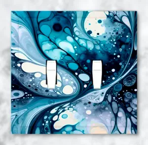 Abstract Art Decorative Switch Plate Cover with Beveled Edges- Teal, Navy, and Gray Acrylic Pour Artwork