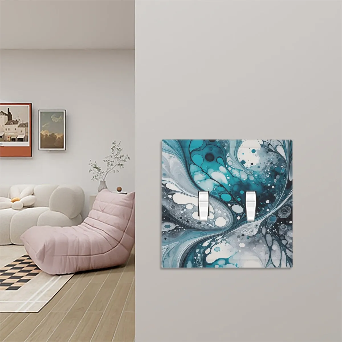 Abstract Art Decorative Switch Plate Cover with Beveled Edges- Teal, Navy, and Gray Acrylic Pour Artwork