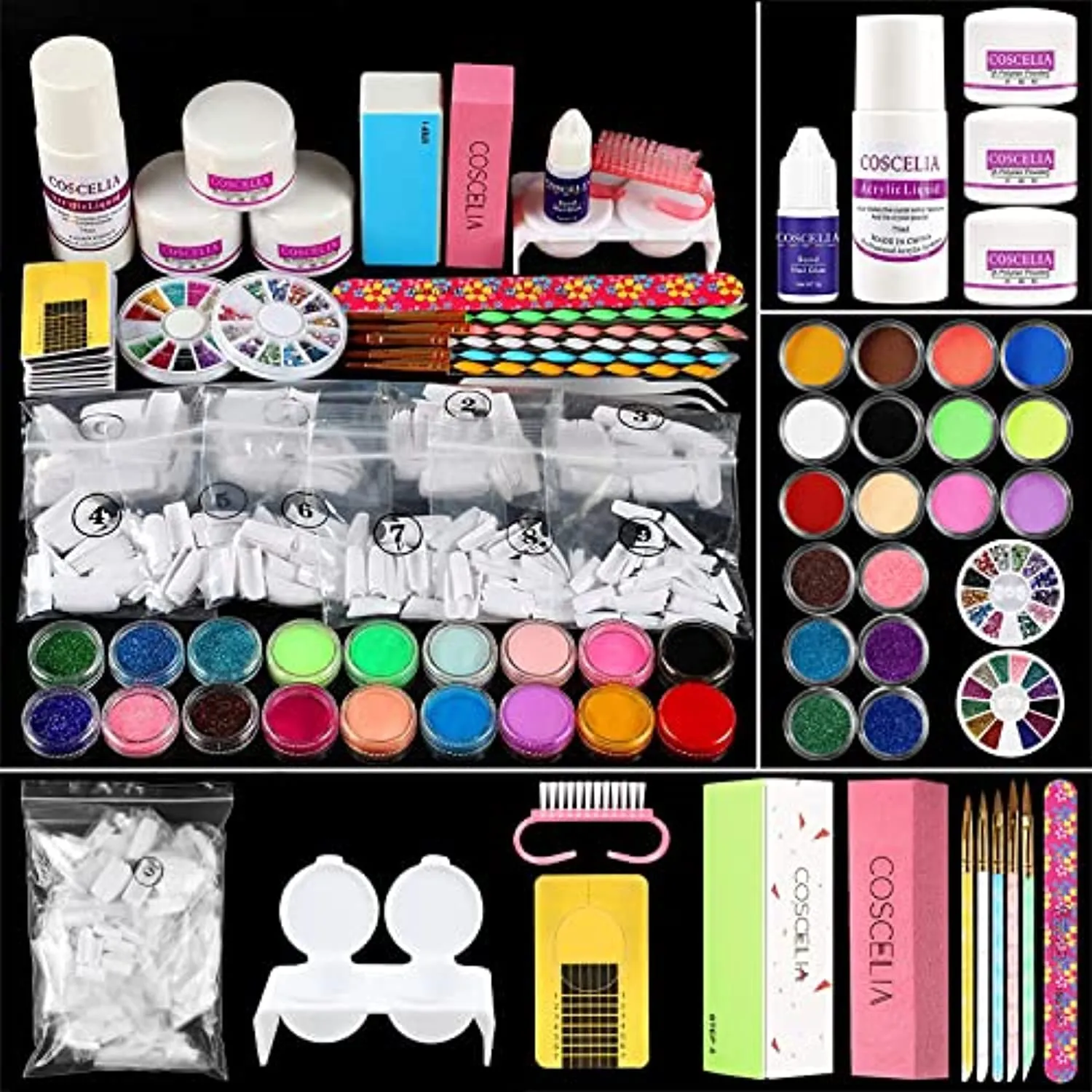 Acrylic Nail Kit with Everything for Beginners 21 Colors Acrylic Powder and Liquid Monomer Set Professional Nail Kit Glitter Powder Nail Rhinestone False Nail Brush Manicure Tools Gift for Women