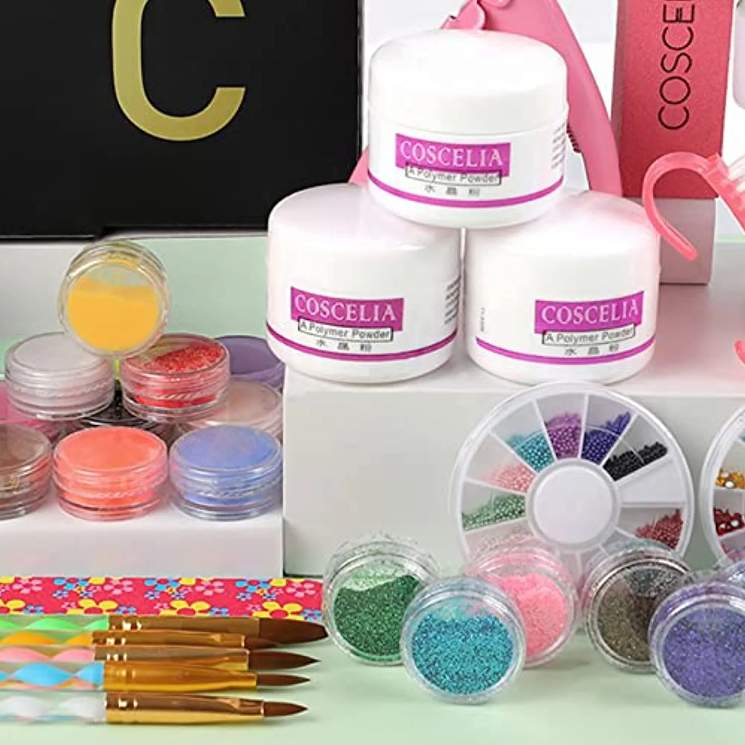Acrylic Nail Kit with Everything for Beginners 21 Colors Acrylic Powder and Liquid Monomer Set Professional Nail Kit Glitter Powder Nail Rhinestone False Nail Brush Manicure Tools Gift for Women