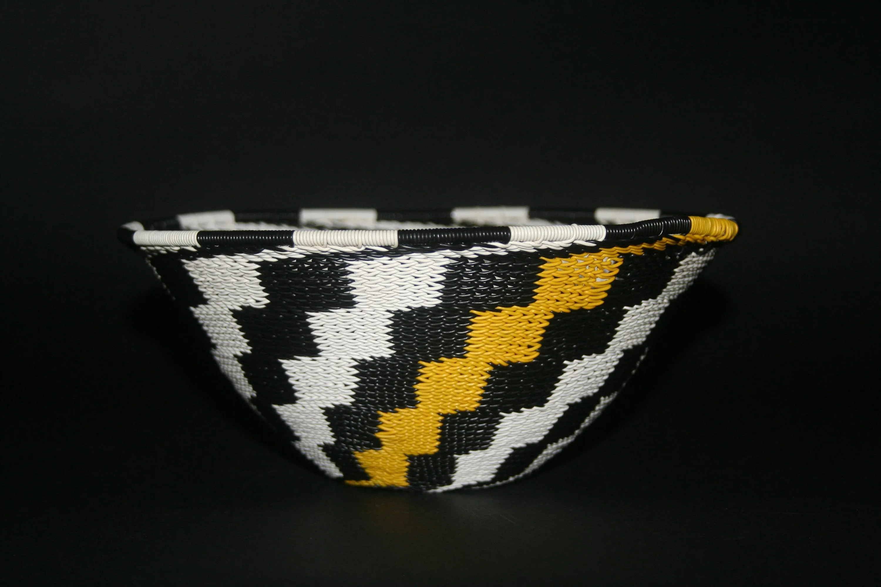 African Telephone Wire Bowl Zulu Basket White Black Yellow Swirl - 7.75" D X 3.75" H