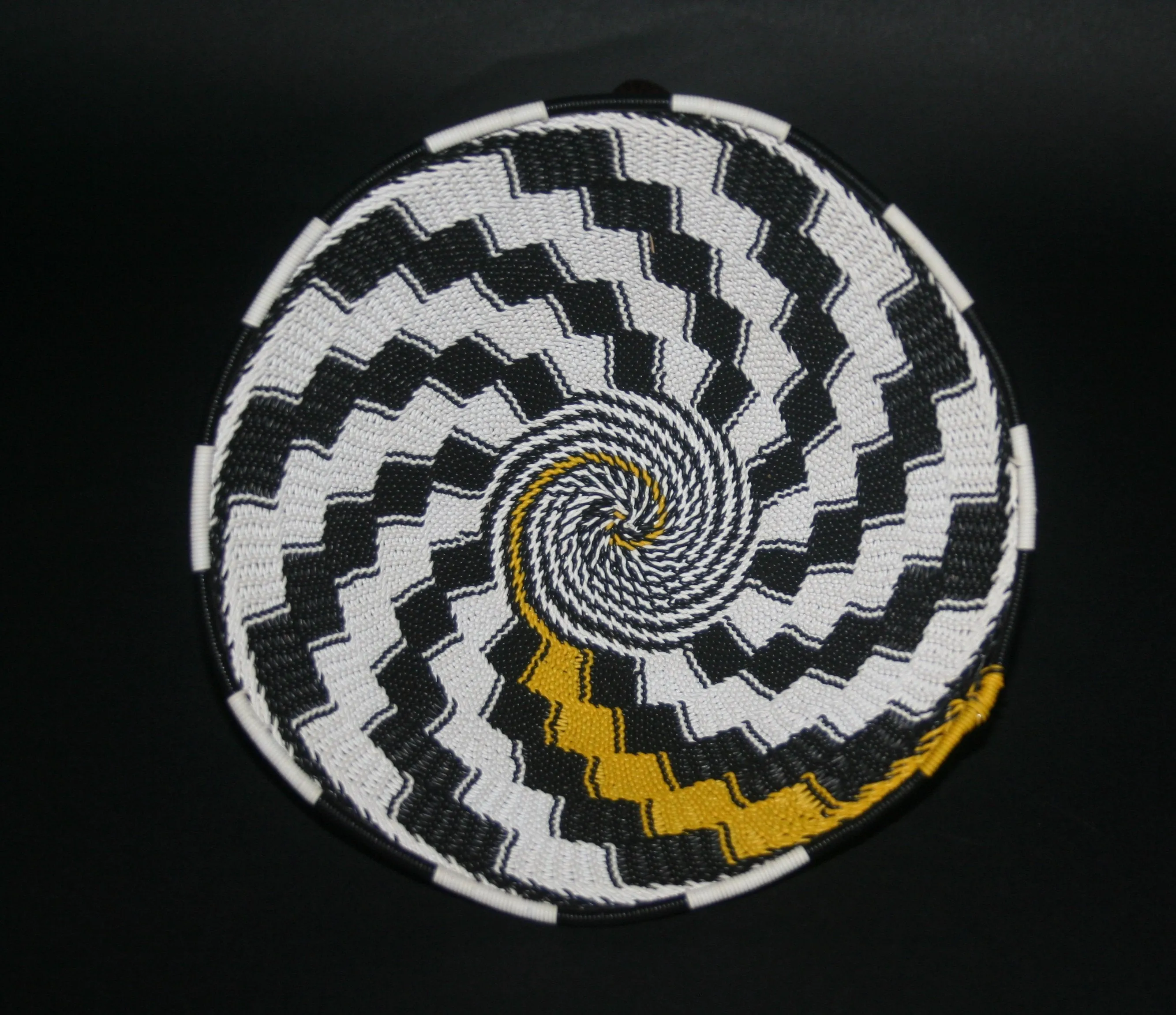 African Telephone Wire Bowl Zulu Basket White Black Yellow Swirl - 7.75" D X 3.75" H