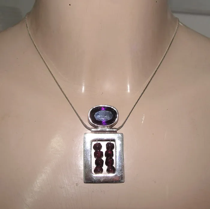 Amethyst Garnet Pendant 925 Sterling Silver Handmade Art  Hadar Designers (H)LAST