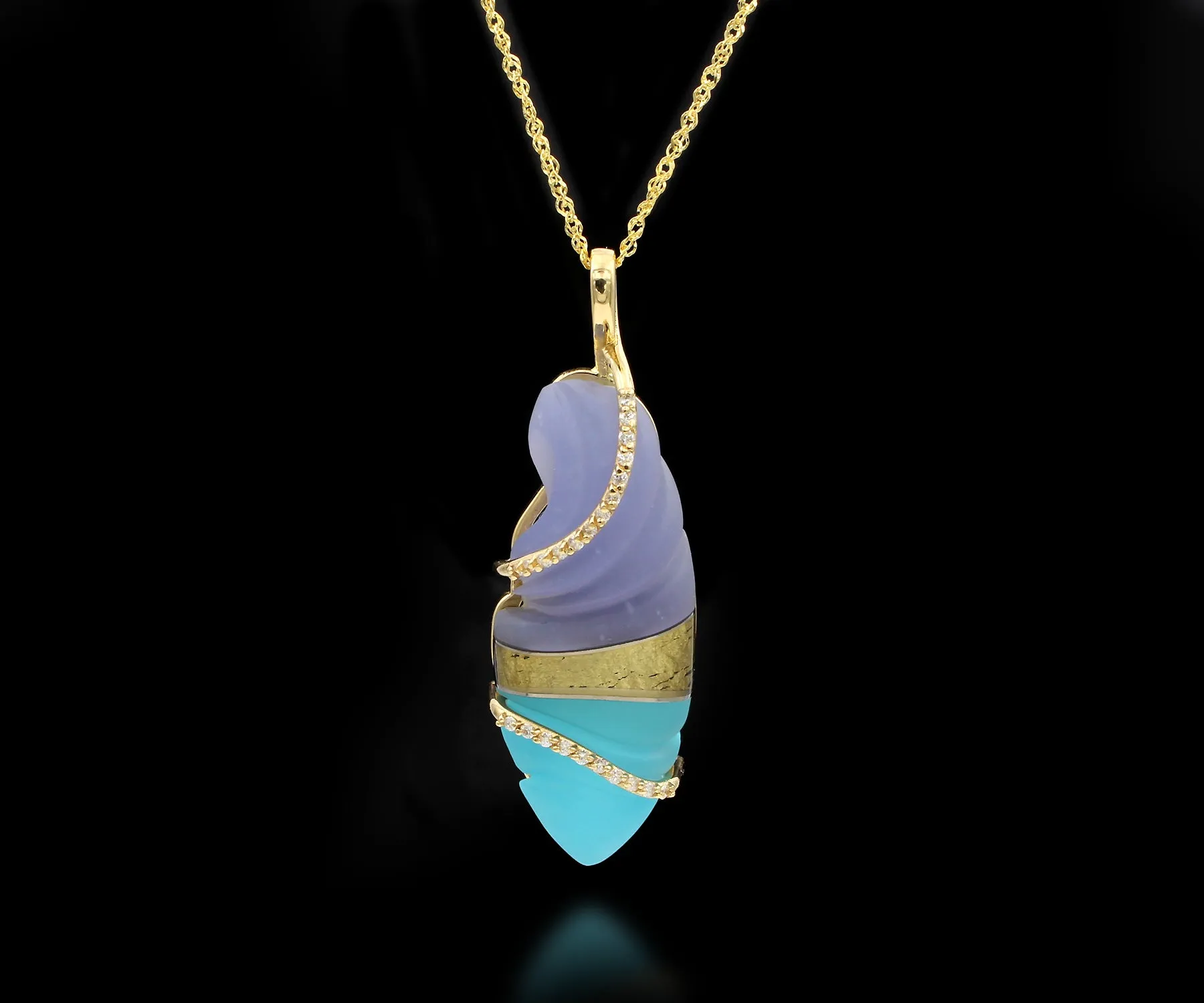Artistic Carved Chalcedony Diamond Gold Necklace