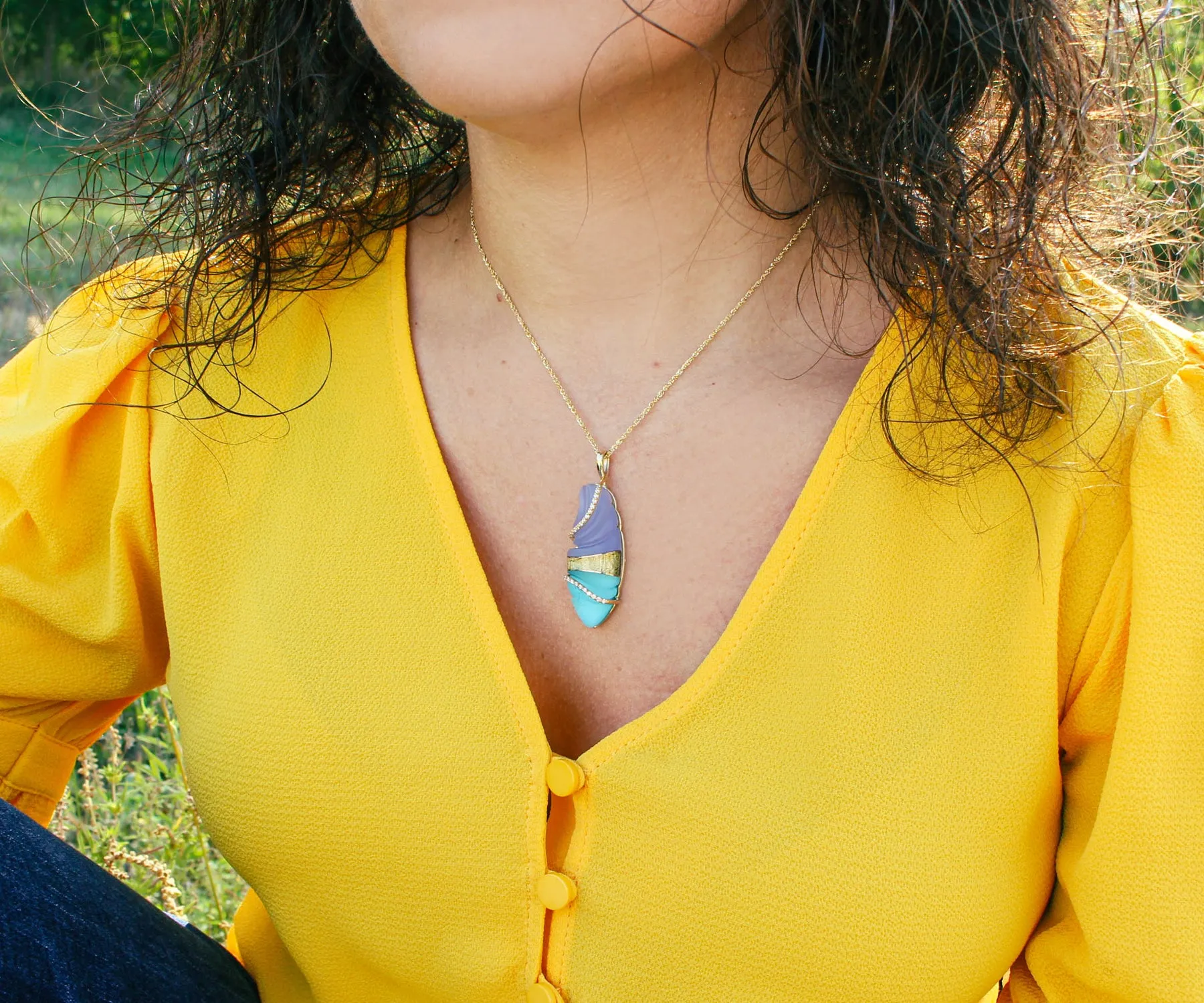 Artistic Carved Chalcedony Diamond Gold Necklace