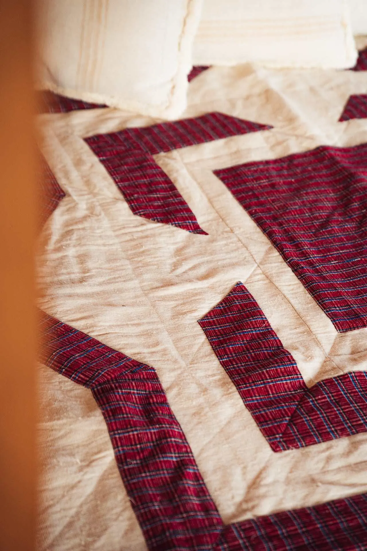 Bed Cover quilt: Organic antique handwoven hemp with Diamond apliqué - BC12