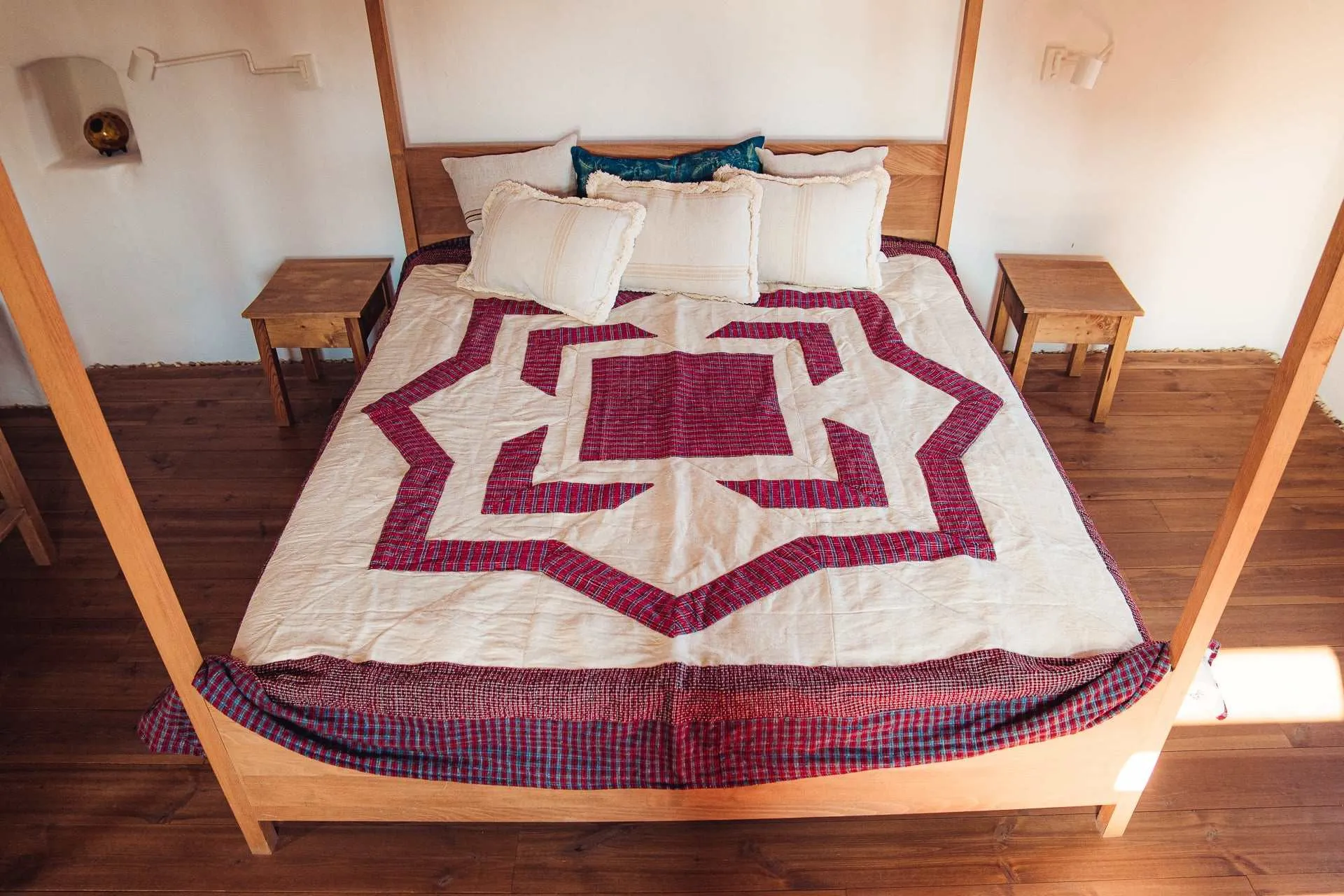 Bed Cover quilt: Organic antique handwoven hemp with Diamond apliqué - BC12