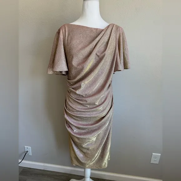 Betsy &amp; Adam Champagne Shift Shimmer Flutter Sleeve Knee Length Dress Womens 14