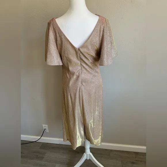 Betsy &amp; Adam Champagne Shift Shimmer Flutter Sleeve Knee Length Dress Womens 14