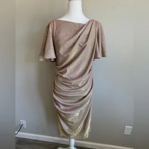 Betsy &amp; Adam Champagne Shift Shimmer Flutter Sleeve Knee Length Dress Womens 14