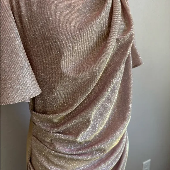 Betsy &amp; Adam Champagne Shift Shimmer Flutter Sleeve Knee Length Dress Womens 14
