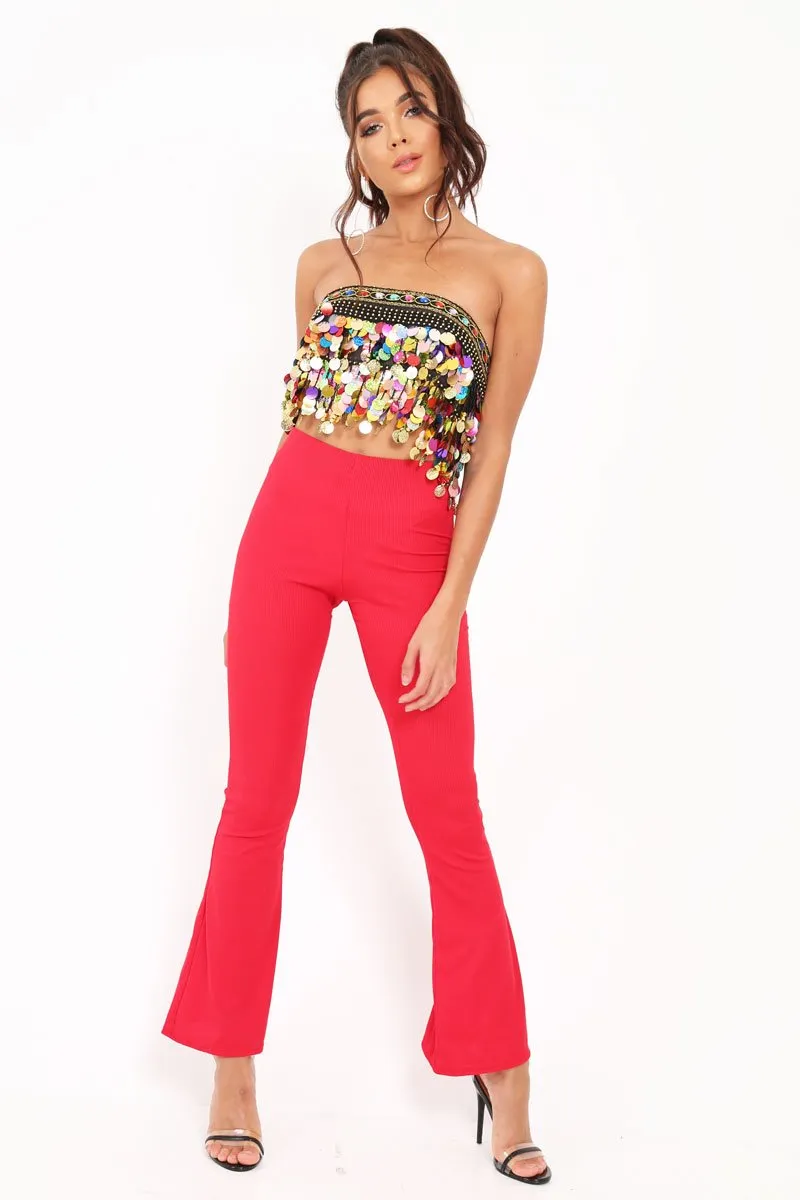 Black Embellished Sheer Top with Sequin and Coin Tassels - Ciani