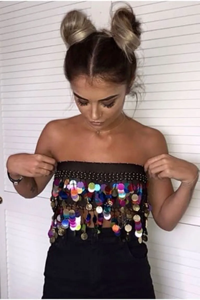Black Sheer Top with Sequin and Coin Tassels - Taytem