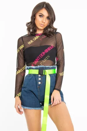 Black Slogan Mesh High Neck Long Sleeved Top - Soleil