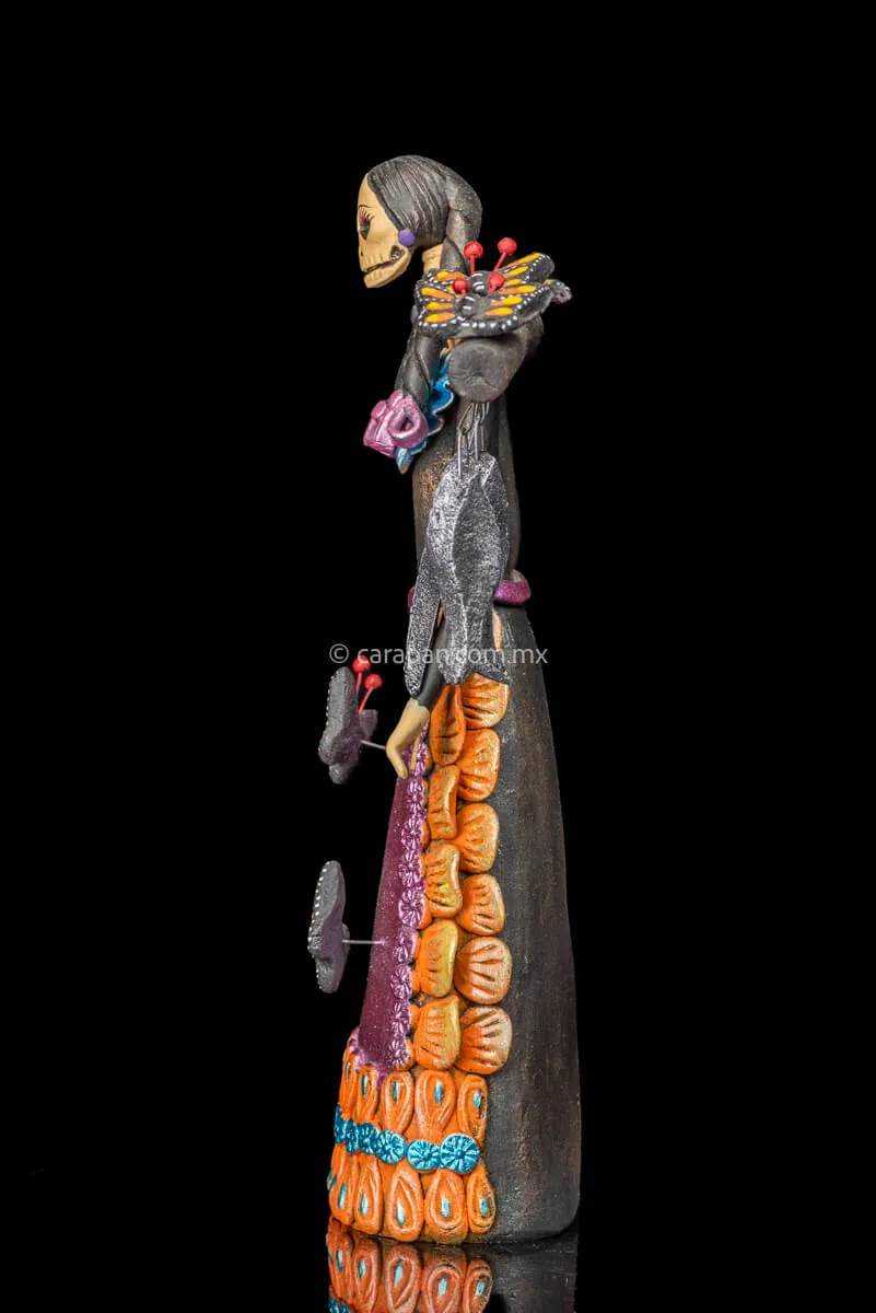 Catrina with Fish and Butterflies Day of the Dead Clay Sculpture
