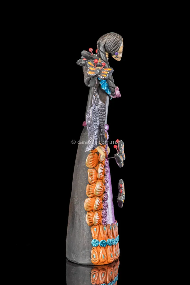 Catrina with Fish and Butterflies Day of the Dead Clay Sculpture