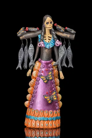 Catrina with Fish and Butterflies Day of the Dead Clay Sculpture
