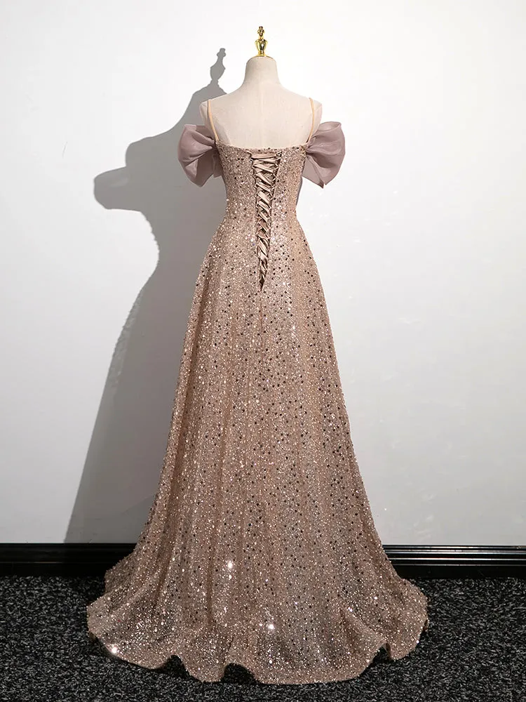 Champagne A-Line Velvet Sequin Long Prom Dress, Champagne Formal Evening Dress