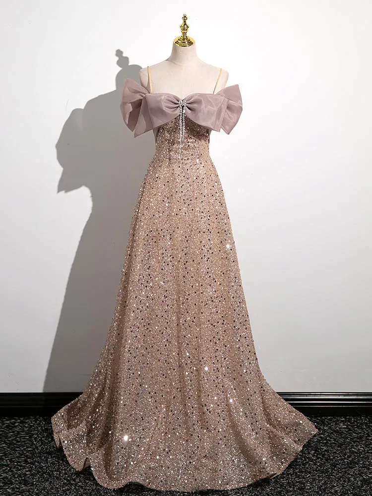 Champagne A-Line Velvet Sequin Long Prom Dress, Champagne Formal Evening Dress