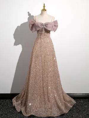 Champagne A-Line Velvet Sequin Long Prom Dress, Champagne Formal Evening Dress