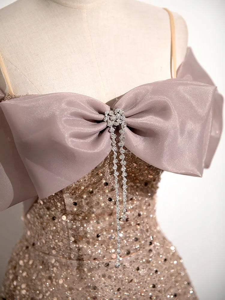 Champagne A-Line Velvet Sequin Long Prom Dress, Champagne Formal Evening Dress