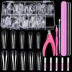 Clear Coffin Nail Tips Set, MORGLES 500 Pcs Clear Fake Nails French Tip Nails Acrylic Long Coffin Half Cover Nail Tips Ballerina False Nails with Nail Clipper Files and Glues,Cuticle Pusher and Fork