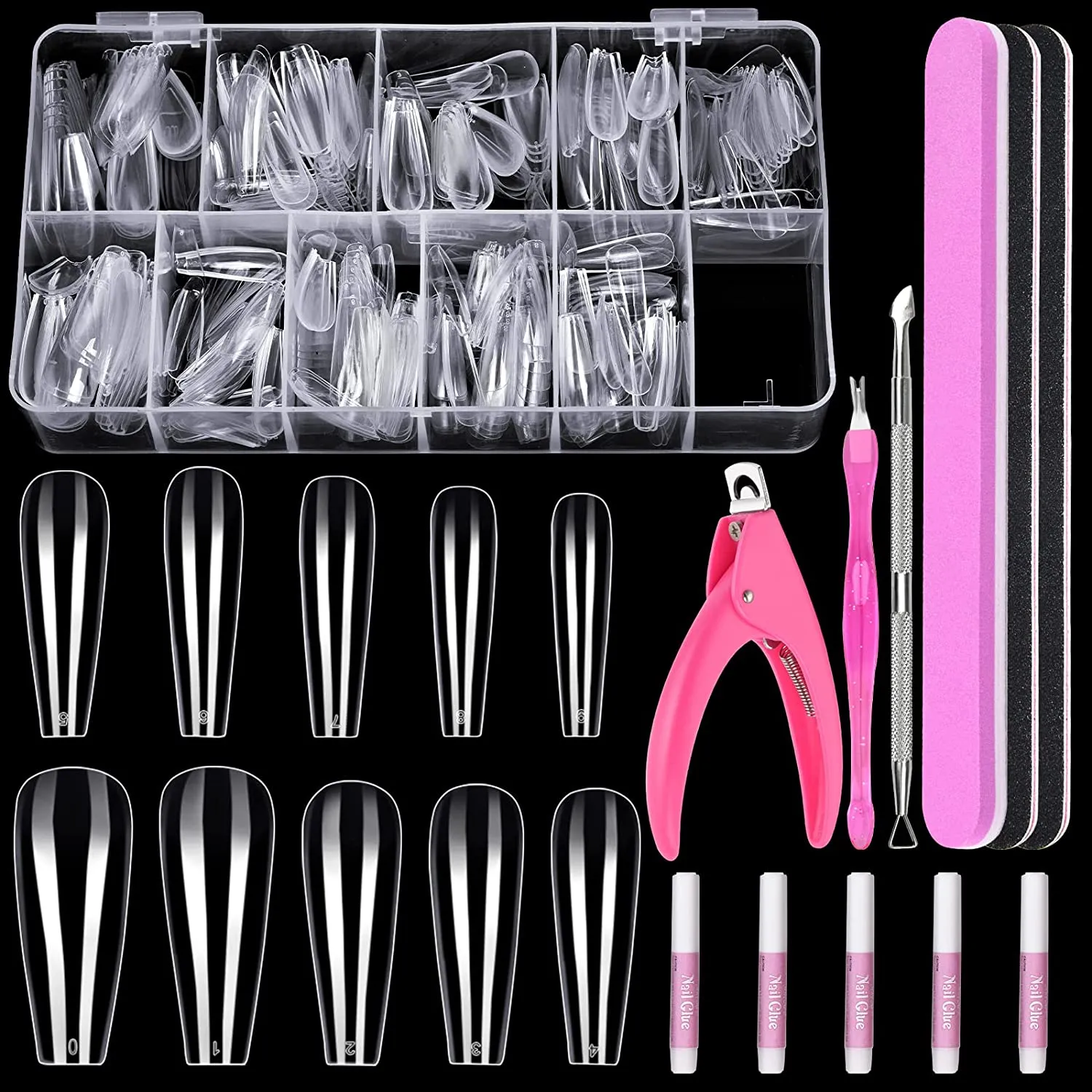 Clear Coffin Nail Tips Set, MORGLES 500 Pcs Clear Fake Nails French Tip Nails Acrylic Long Coffin Half Cover Nail Tips Ballerina False Nails with Nail Clipper Files and Glues,Cuticle Pusher and Fork