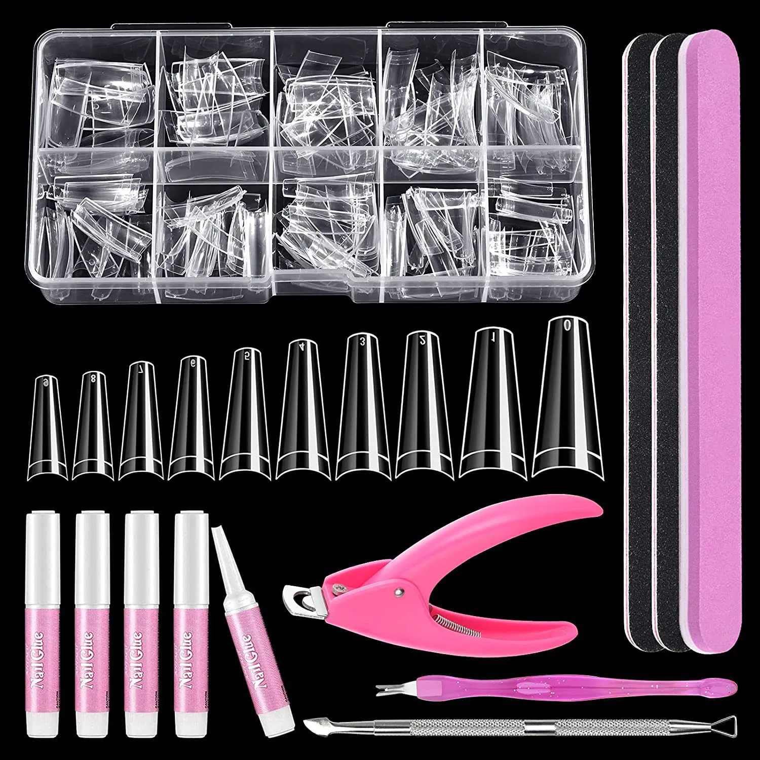 Clear Coffin Nail Tips Set, MORGLES 500 Pcs Clear Fake Nails French Tip Nails Acrylic Long Coffin Half Cover Nail Tips Ballerina False Nails with Nail Clipper Files and Glues,Cuticle Pusher and Fork