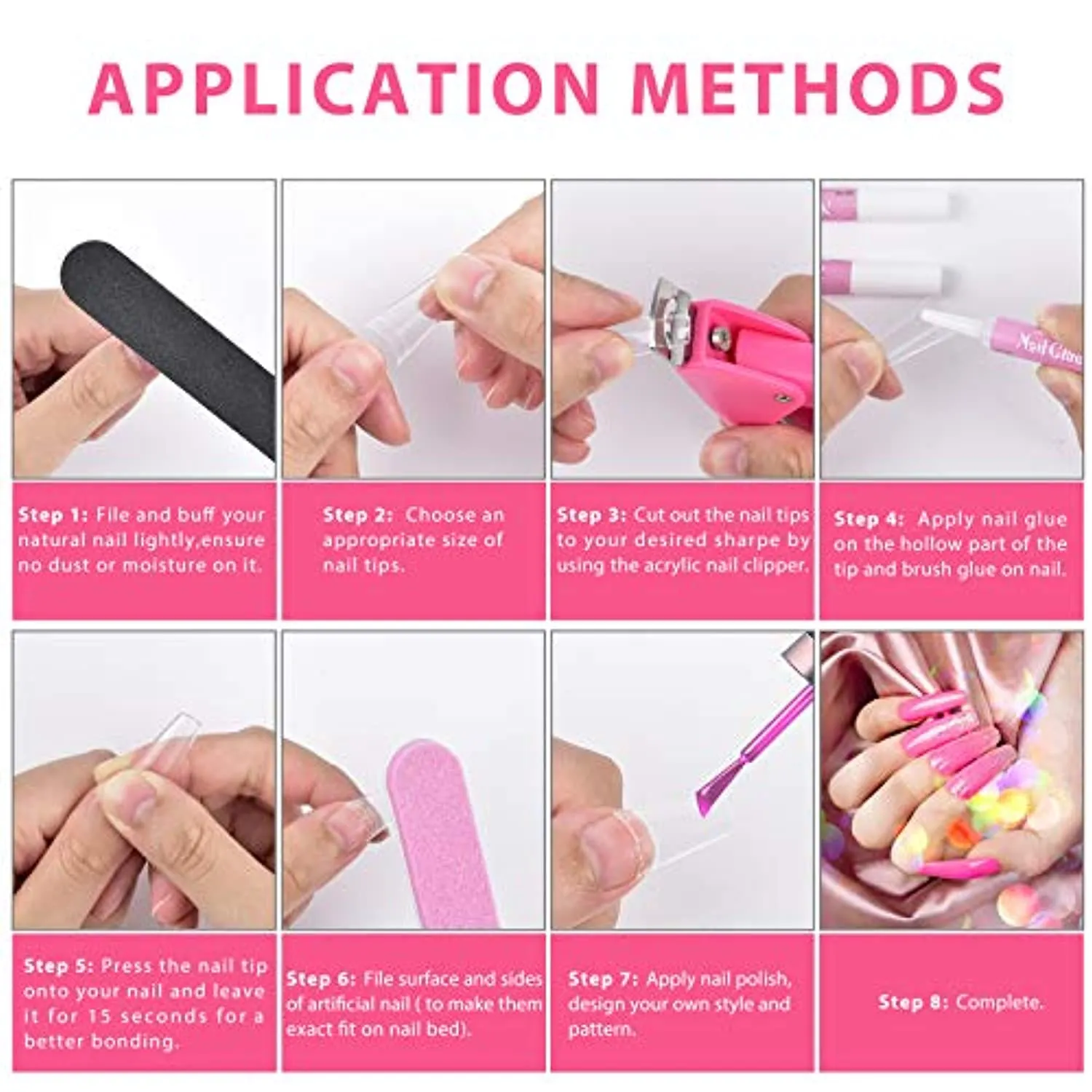 Clear Coffin Nail Tips Set, MORGLES 500 Pcs Clear Fake Nails French Tip Nails Acrylic Long Coffin Half Cover Nail Tips Ballerina False Nails with Nail Clipper Files and Glues,Cuticle Pusher and Fork