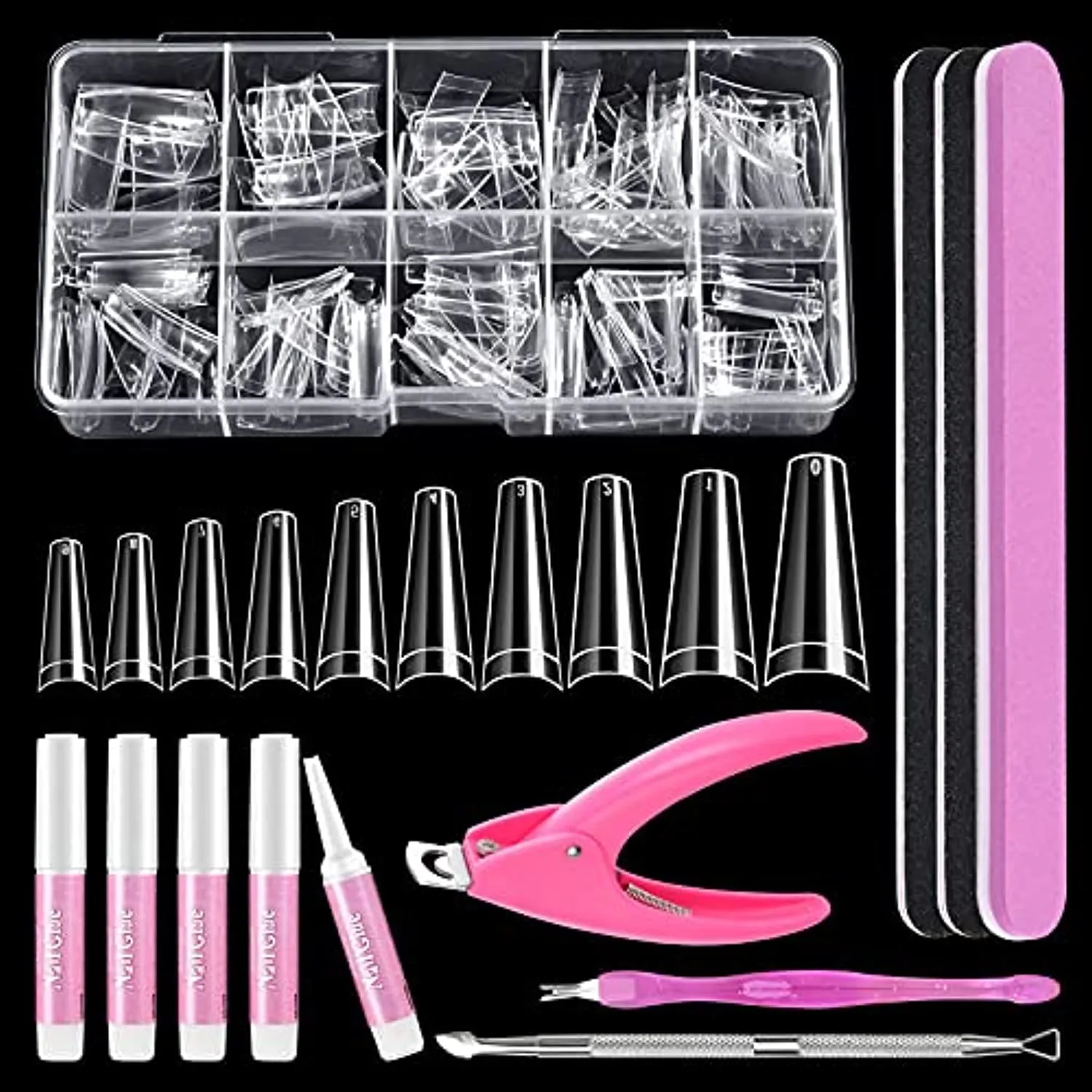 Clear Coffin Nail Tips Set, MORGLES 500 Pcs Clear Fake Nails French Tip Nails Acrylic Long Coffin Half Cover Nail Tips Ballerina False Nails with Nail Clipper Files and Glues,Cuticle Pusher and Fork